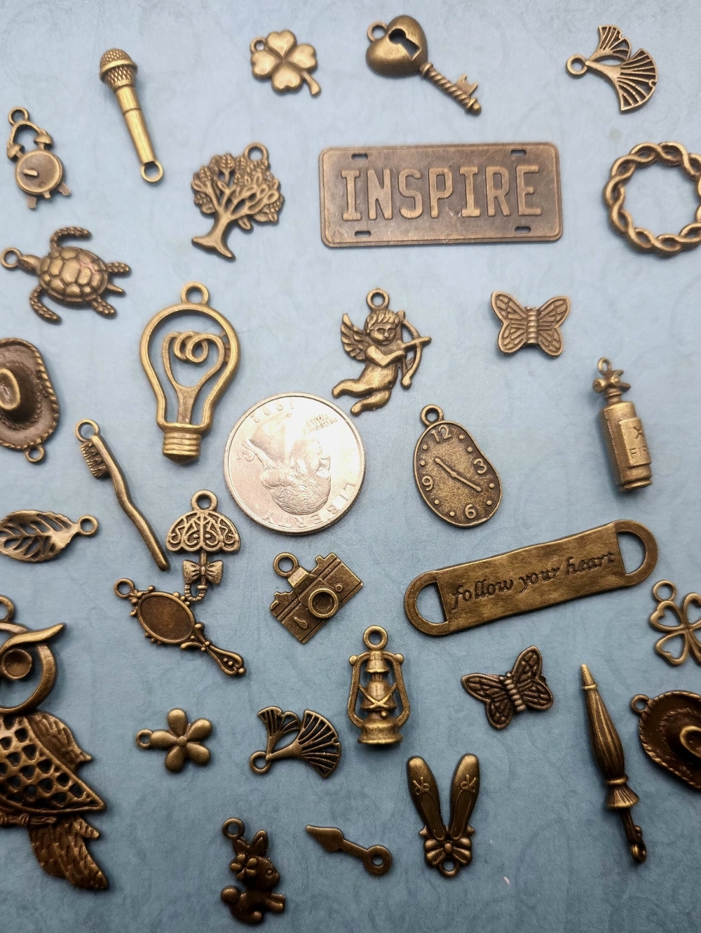 Antique Brass Charm Assortment - Owl, Inspire Plate, Keys & More 30 Pc - Picture 2 of 2
